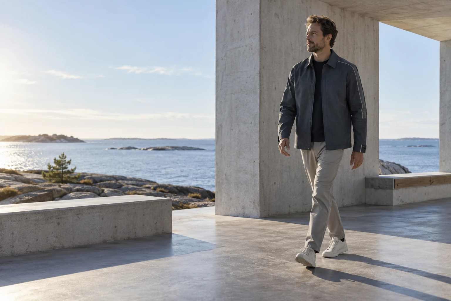 Koncept med en vuxen person i rörelse i en nordisk arkitekturmiljö och diskret sensortextil