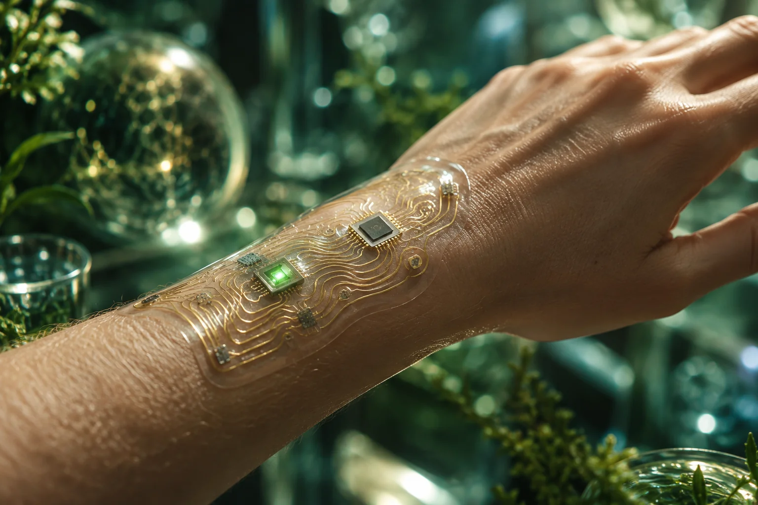 Konstnärlig visualisering av en tunn biosensor som förbinder hud med en digital krets