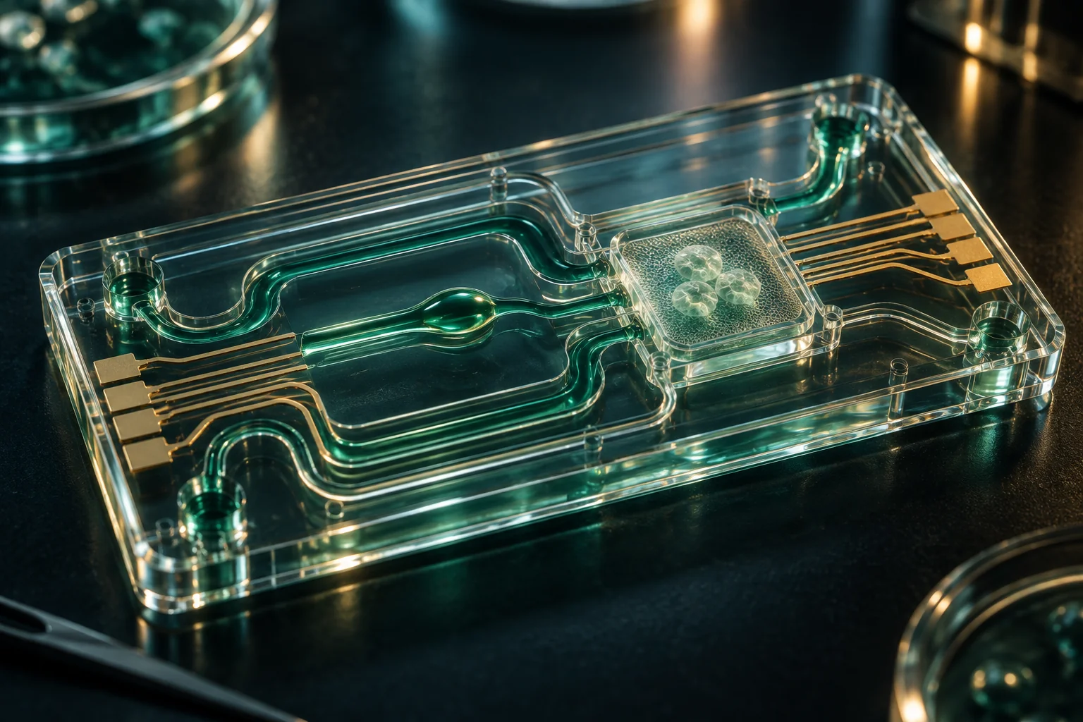 AI-konceptbild av genomskinliga mikrofluidiska kanaler i ett biochip