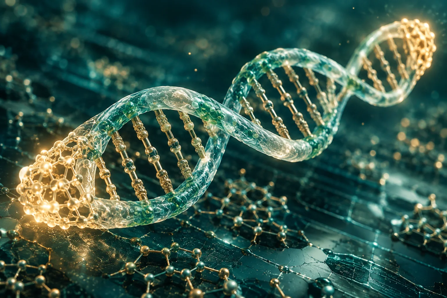 Konstnärlig visualisering av DNA, kromosomändar och molekylära strukturer