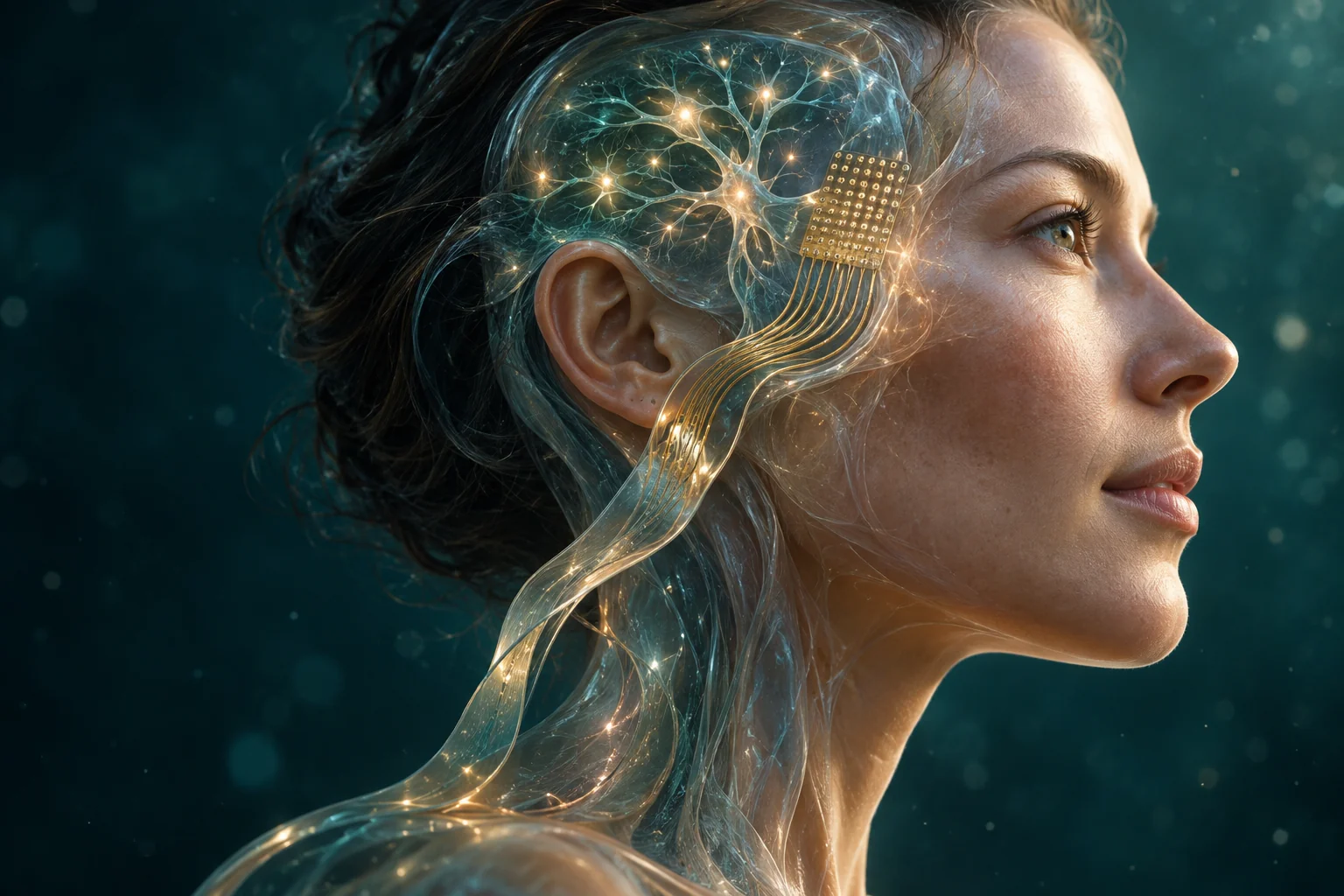 Konstnärlig visualisering av ett mänskligt neuralt nätverk och ett elektroniskt gränssnitt
