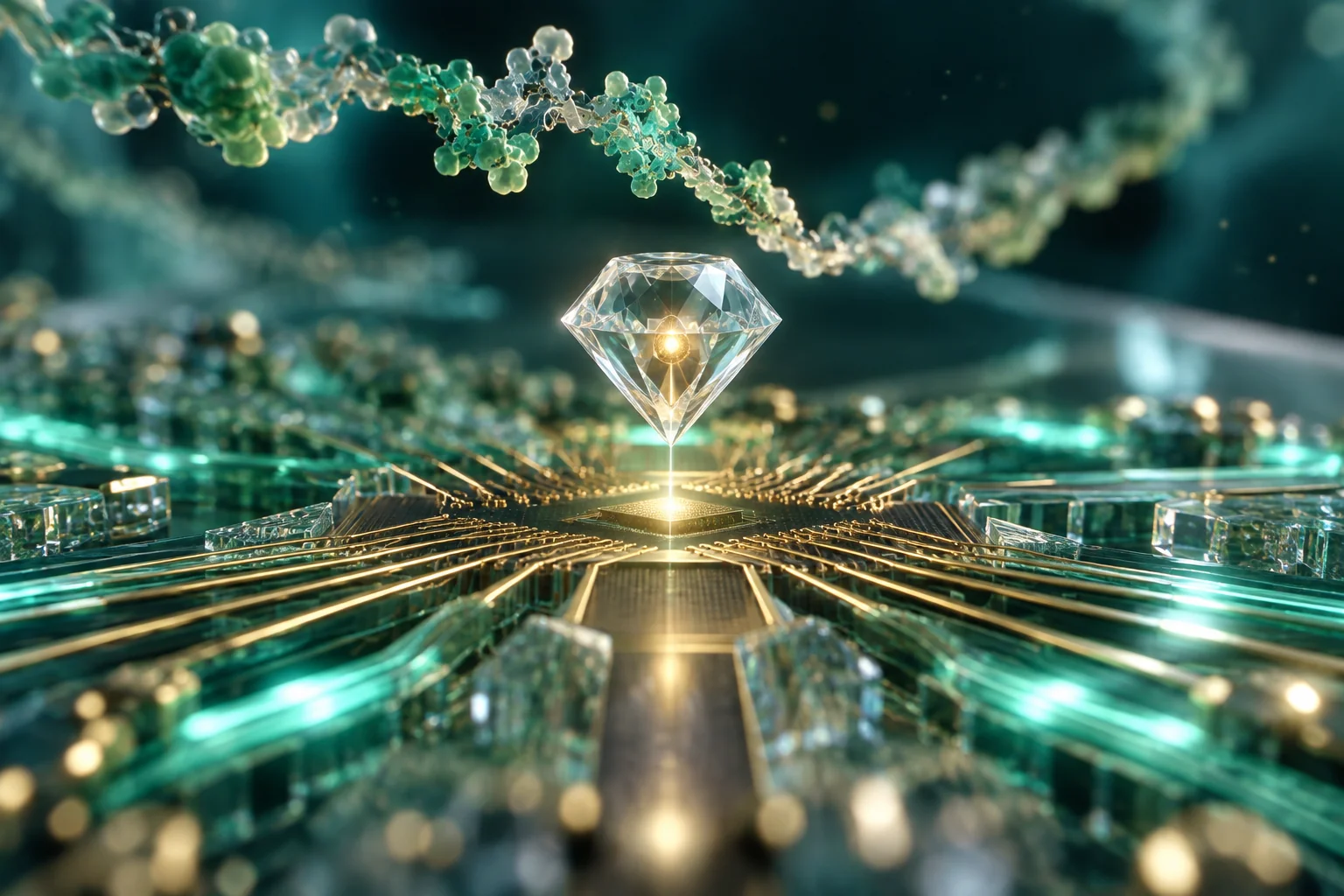 Konstnärlig visualisering av en nanostrukturerad diamant och svaga magnetiska signaler