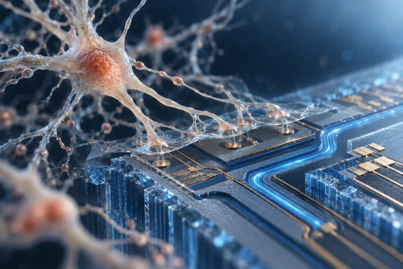Extreme close-up concept of a photonic silicon chip with fine light-guiding structures and organic, neural-like fibres