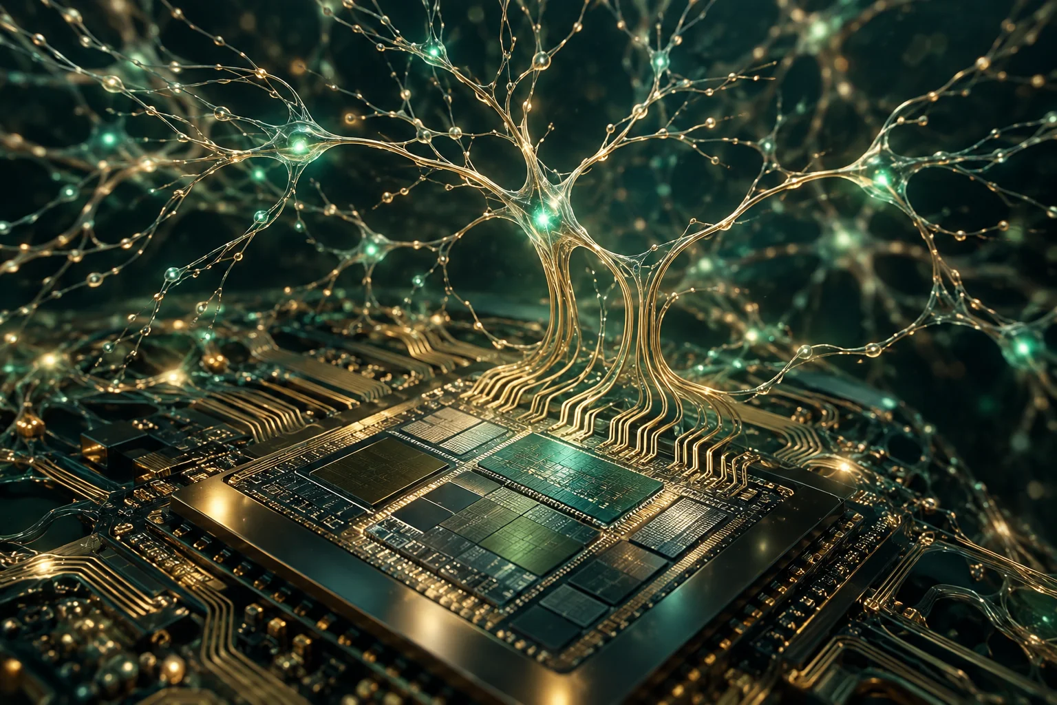 AI-konceptbild av ett neuromorft chip med elektroniska signalvägar